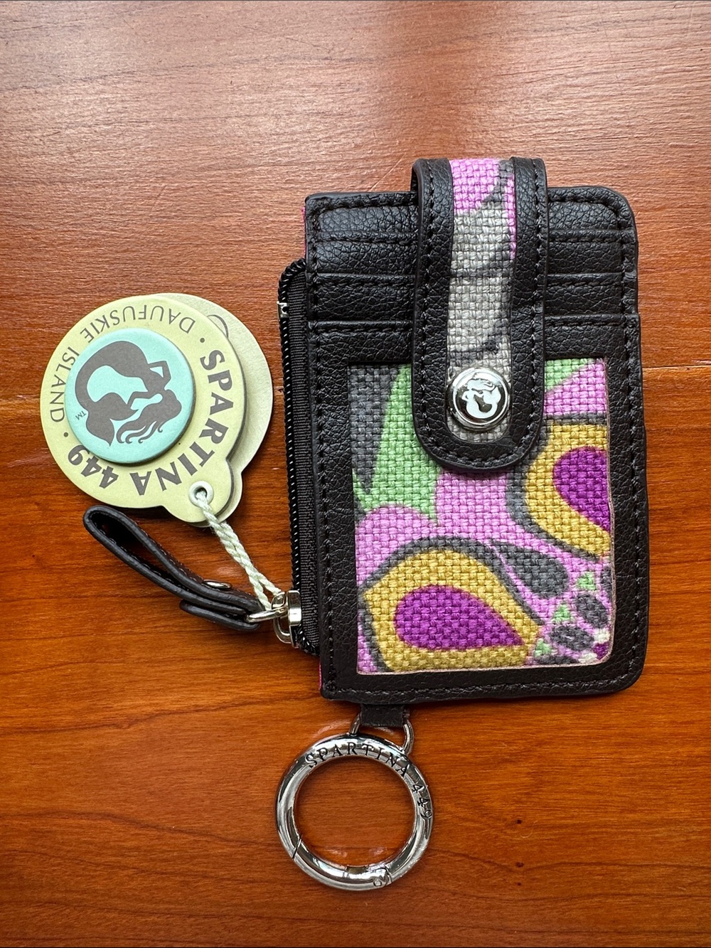 NWT Spartina 449 Natural Linen Genuine Leather Card Coin Wallet